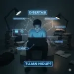Ilustrasi mahasiswa yang kelelahan menghadapi tantangan disertasi dan sindrom penipu.