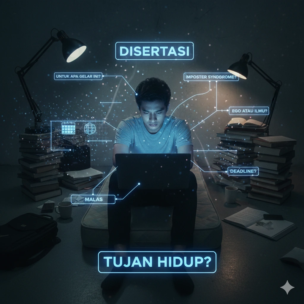 Ilustrasi mahasiswa yang kelelahan menghadapi tantangan disertasi dan sindrom penipu.