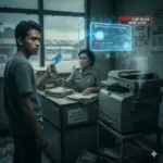 Tukang ojek tua yang kebingungan menatap layar ponsel pintar, menjadi korban dari digitalisasi yang dipaksakan.