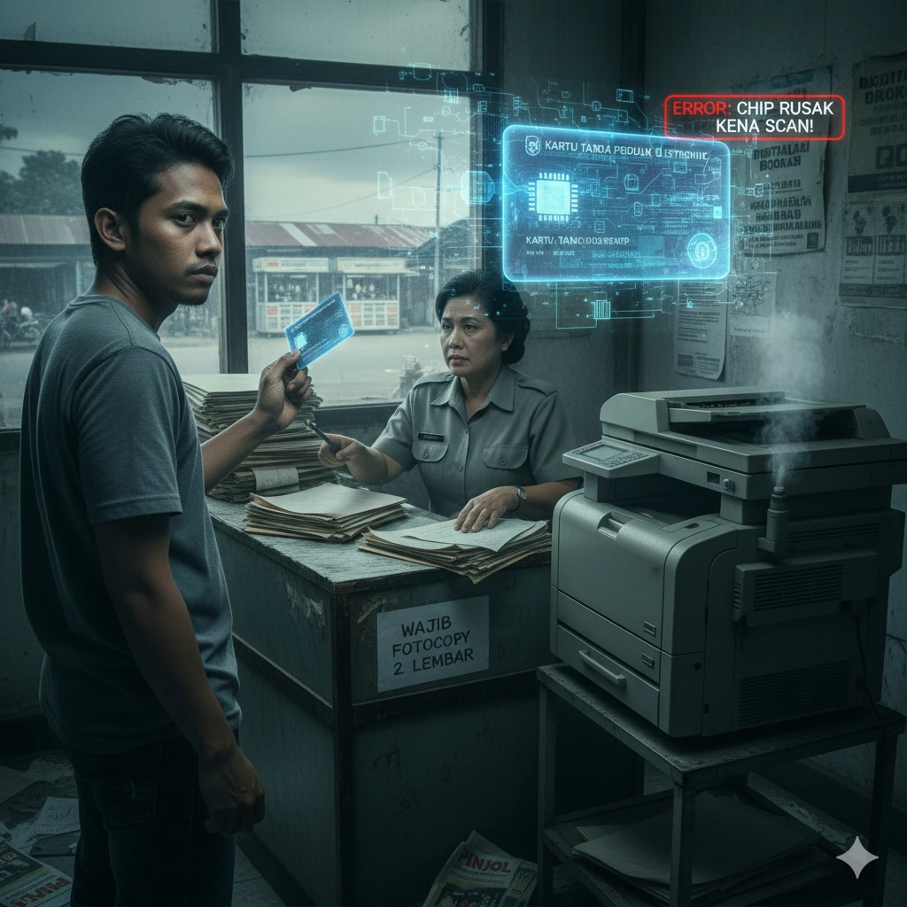 Tukang ojek tua yang kebingungan menatap layar ponsel pintar, menjadi korban dari digitalisasi yang dipaksakan.