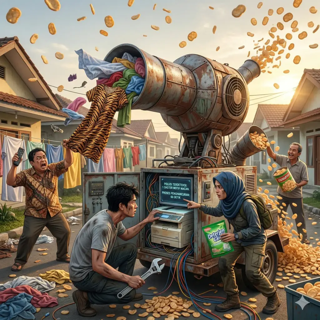 Mesin raksasa penyedot polusi yang error dan malah menyedot jemuran pakaian warga dalam cerpen komedi teknologi.