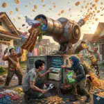 Mesin raksasa penyedot polusi yang error dan malah menyedot jemuran pakaian warga dalam cerpen komedi teknologi.