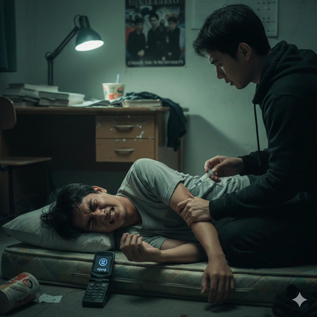 Adegan misterius Bobby menyuntikkan sesuatu ke tangan Jono dalam cerita pendek Agus Byna.