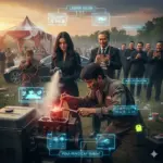 Sebuah pena merah yang menyala terang tergeletak di atas kunci inggris berlumur oli, ilustrasi cerpen fiksi teknologi komedi.