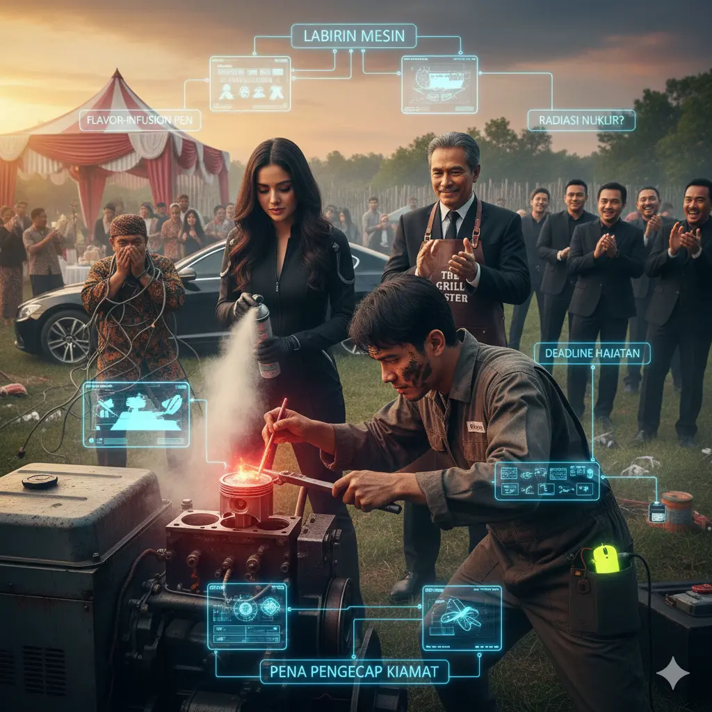 Sebuah pena merah yang menyala terang tergeletak di atas kunci inggris berlumur oli, ilustrasi cerpen fiksi teknologi komedi.