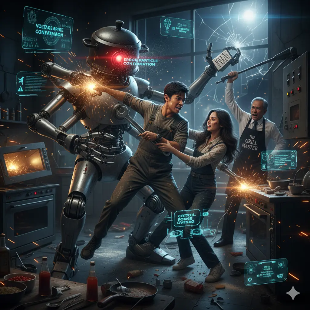 Robot koki kecerdasan buatan bernama Berto mengamuk membawa alat dapur dan gergaji mesin di laboratorium inovasi rasa.