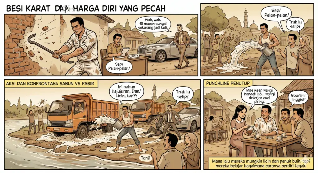 Asep si kuli bangunan dari Trio Sabun menyiramkan seember air sabun pekat ke tanah berlumpur di depan truk-truk pasir Danu yang mulai tergelincir.