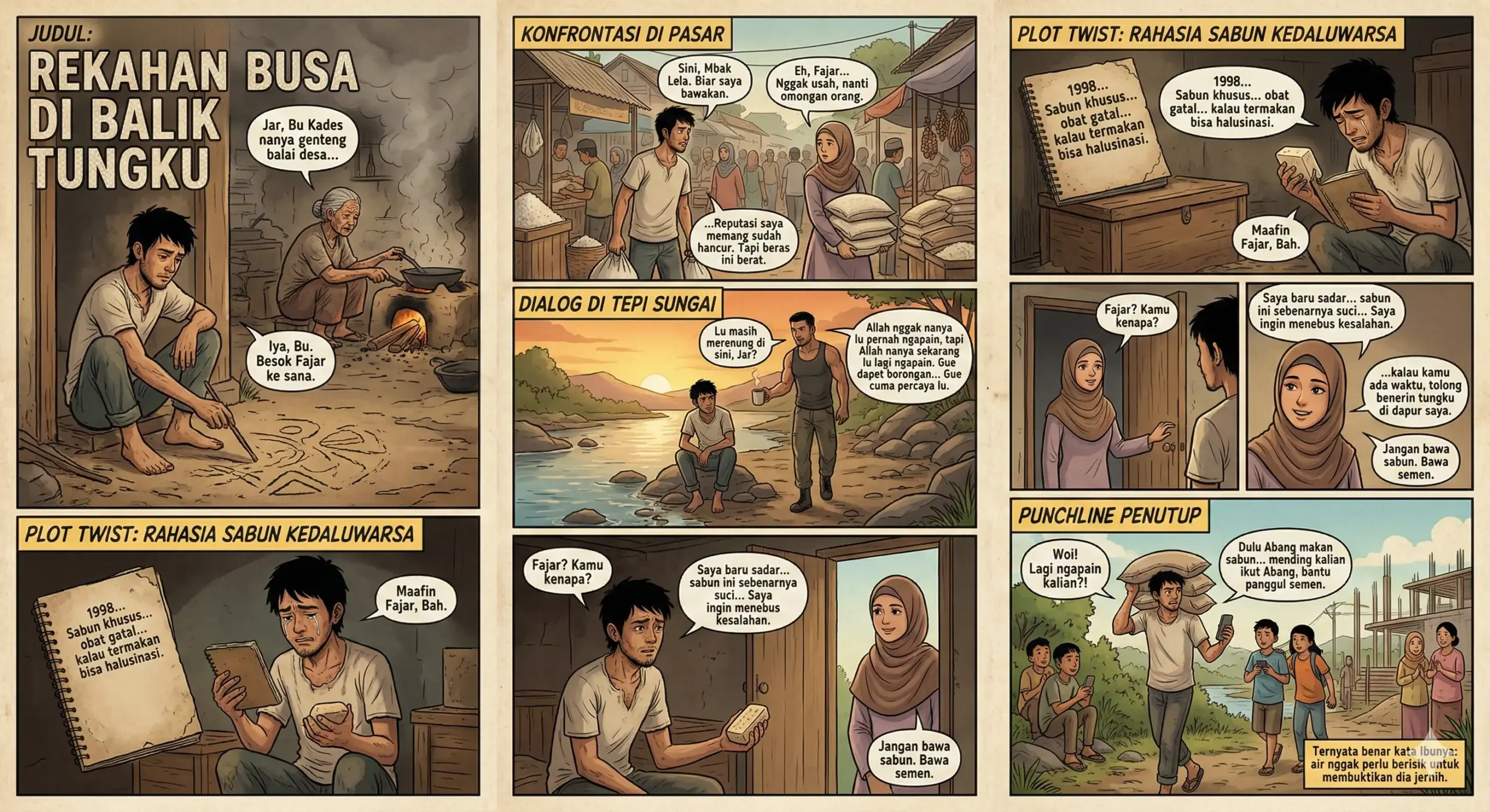 Fajar duduk di depan tungku dapur menemukan rahasia sabun kedaluwarsa peninggalan mendiang ayahnya.