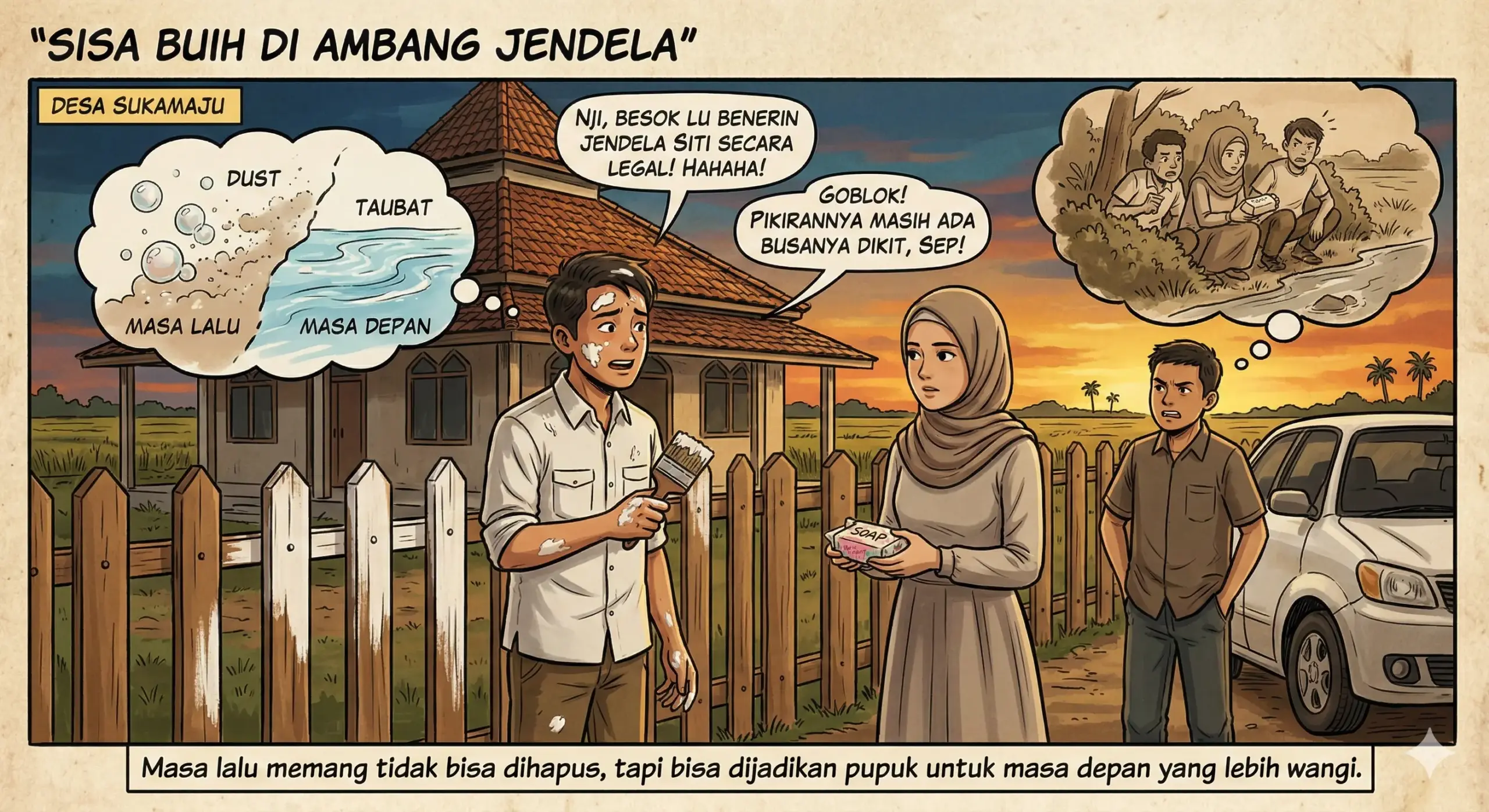 Dedi melempar sabun mahal ke kaki Panji di depan Siti saat Trio Resik sedang mengecat pagar masjid